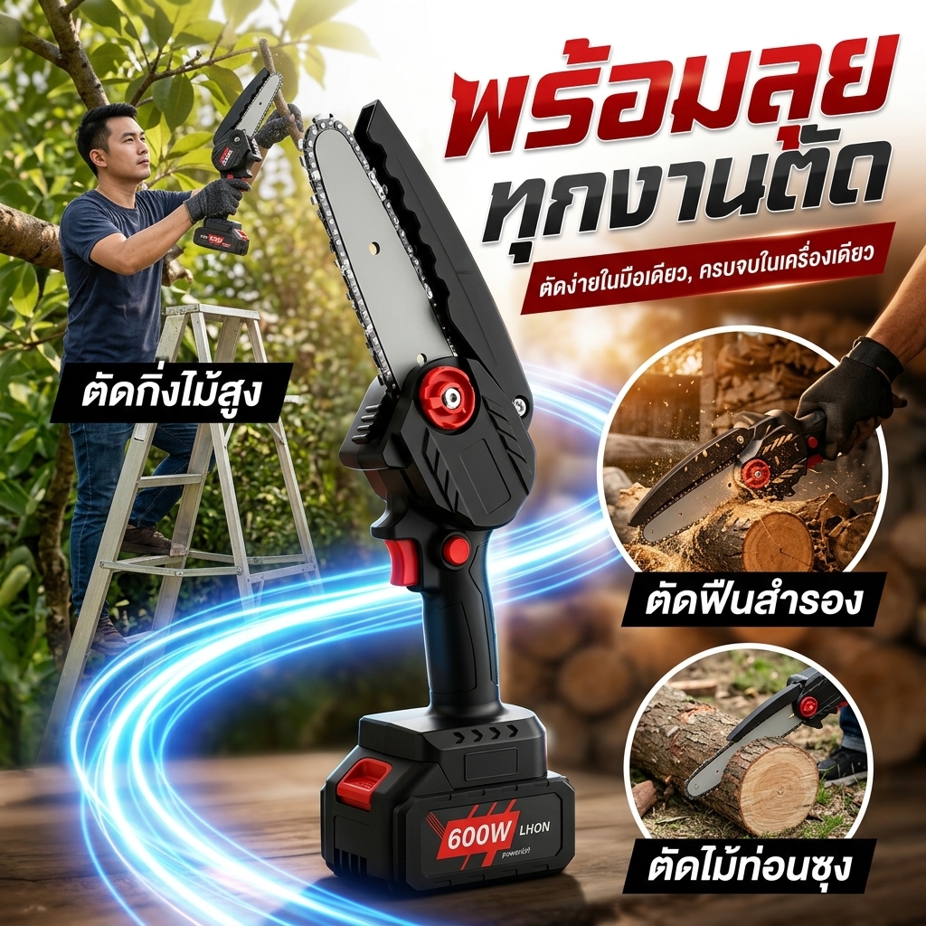 เลื่อยโซ่ไร้สาย 6 นิ้ว ใช้งานมือเดียว ปรับระยะโซ่ได้ รูปที่ 3